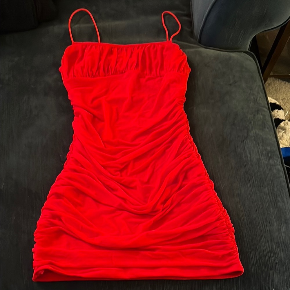 SHEIN Red Ruched Spaghetti Strap Mini Dress